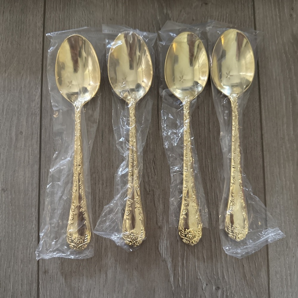 NEW Golden Enchanted Rose Unmarked Gold‎ Plated 4 Oval Place Soup Spoon Flatware